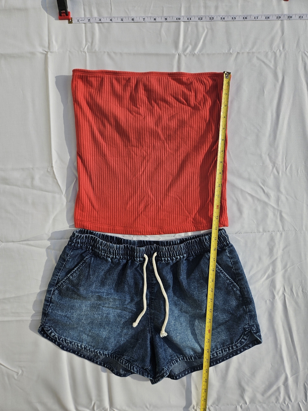 No Boundaries Blue Denim Elastic Waist Shorts with Old Navy Tube Top.  Size L